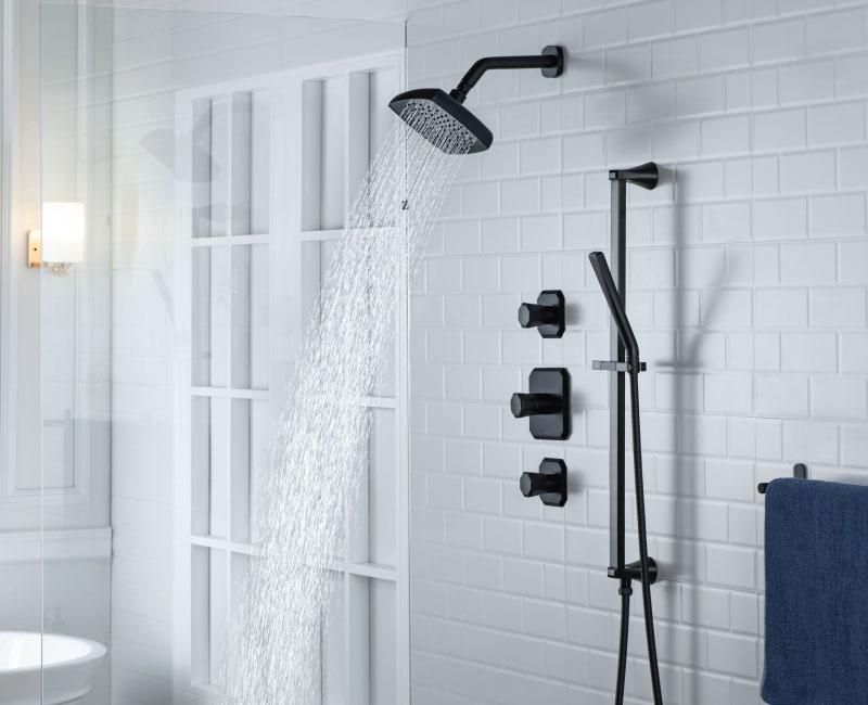 matte black shower set on white marble