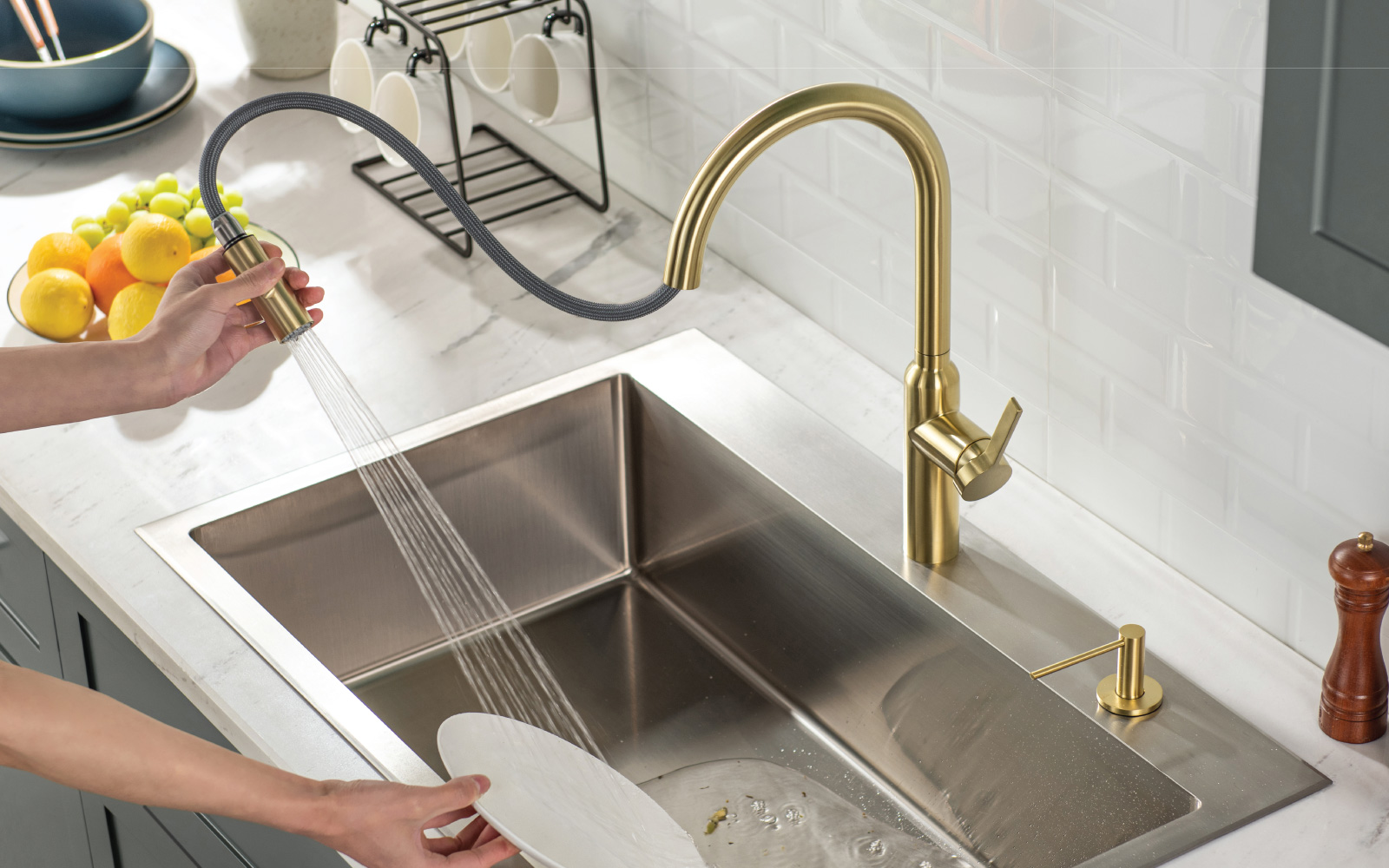 satin brass gold kitchen faucet with pull out