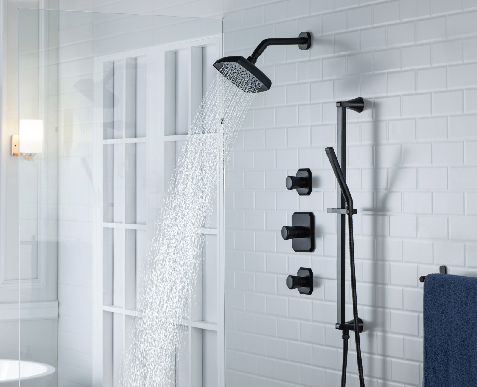 matte black shower set on white marble
