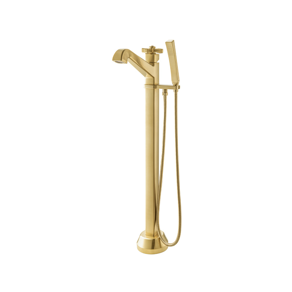 Freestanding Floor Mount Bathtub / Tub Filler With Hand Shower | Satin Brass PVD