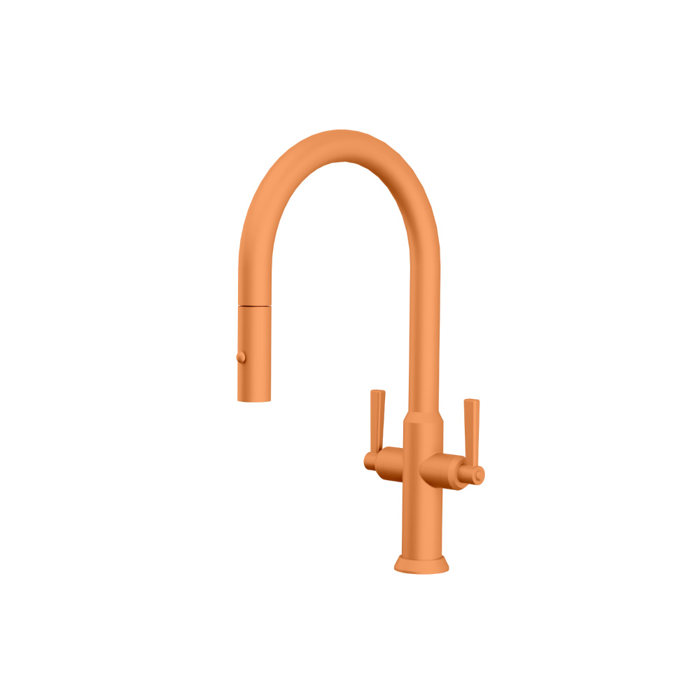 Velox - Dual Spray Stainless Steel Two Handle Kitchen Faucet With Pull Out | Terracotta Orange
